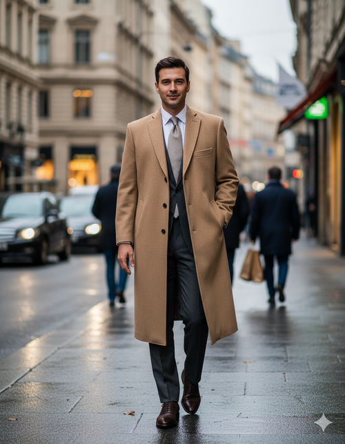 Mens Overcoat -Mens Long Wool Topcoats- Topcoat For Men-Men's Dress Coat Tan 4 Buttons Full Length Wool Cashmere Blend Overcoat Top Coat