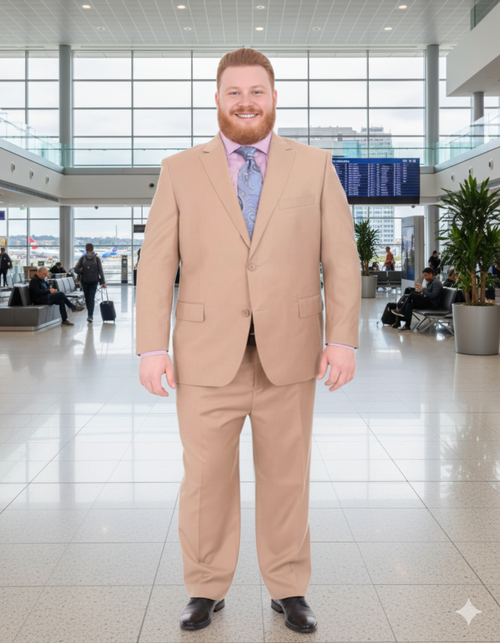 Men's Portly Executive Fit Solid Tan Light Brown Two Button 2 Piece Suit Executive Fit Suit - Mens Portly Suit