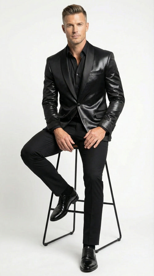 Men’s Shiny Black Tuxedo Blazer – Glossy Formal Jacket for Party Dinner Jacket Shawl Collar