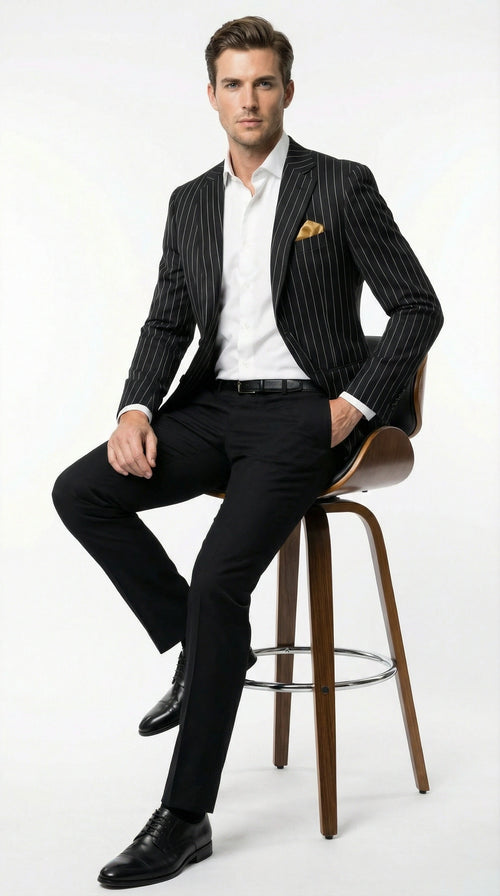 Men’s Black Pinstripe Blazer – Classic Tailored Formal Jacket for Business, Office and Evening Wear