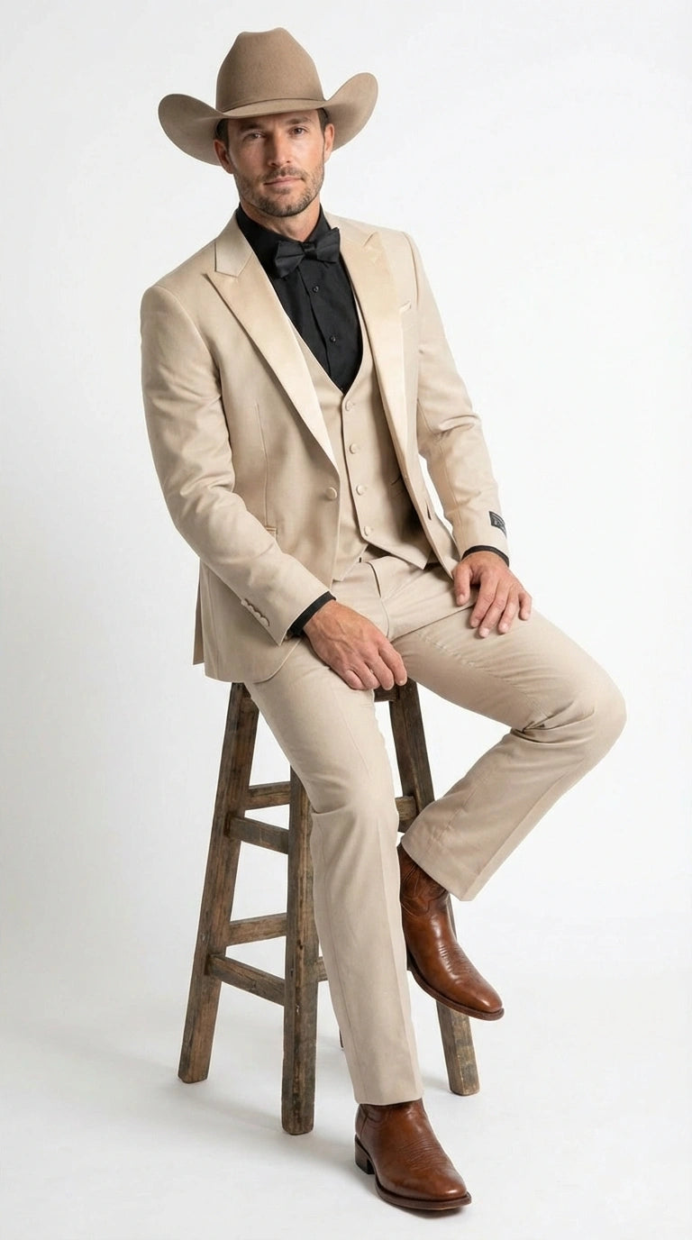 Men’s Tan Cowboy Suit – Western Formal Two Piece Suit for Weddings, Champaign Sand Color