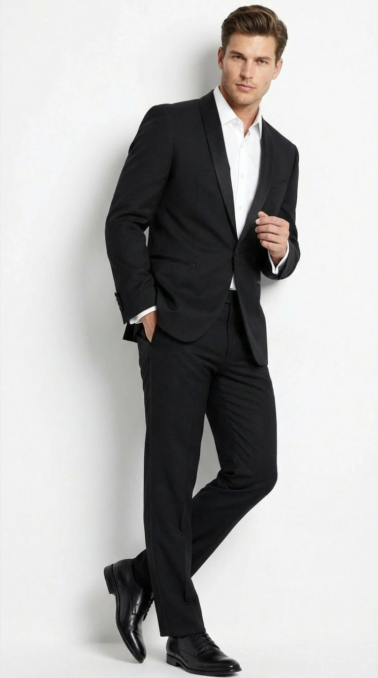 Tiglio Designer Menās Black Single Button Tuxedo Suit ā Formal Black Business and Wedding Suit Shawl Collar Super 150's Wool Fabric