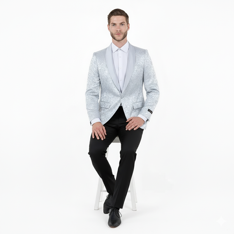 Silver gray paisley tuxedo jacket for big & tall men. Satin finish, shawl lapel, fitted silhouette, and two front pockets.