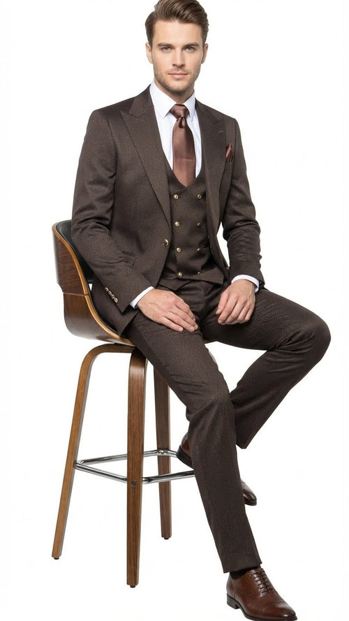 Men’s Chocolate Brown Textured 3-Piece Suit – Luxury Double-Breasted Vest Formal Set