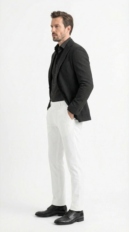 Men’s Black Seersucker Blazer – Textured Two-Button Notch Lapel Formal & Summer Sport Jacket in Black Tone-on-Tone Cotton Fabric