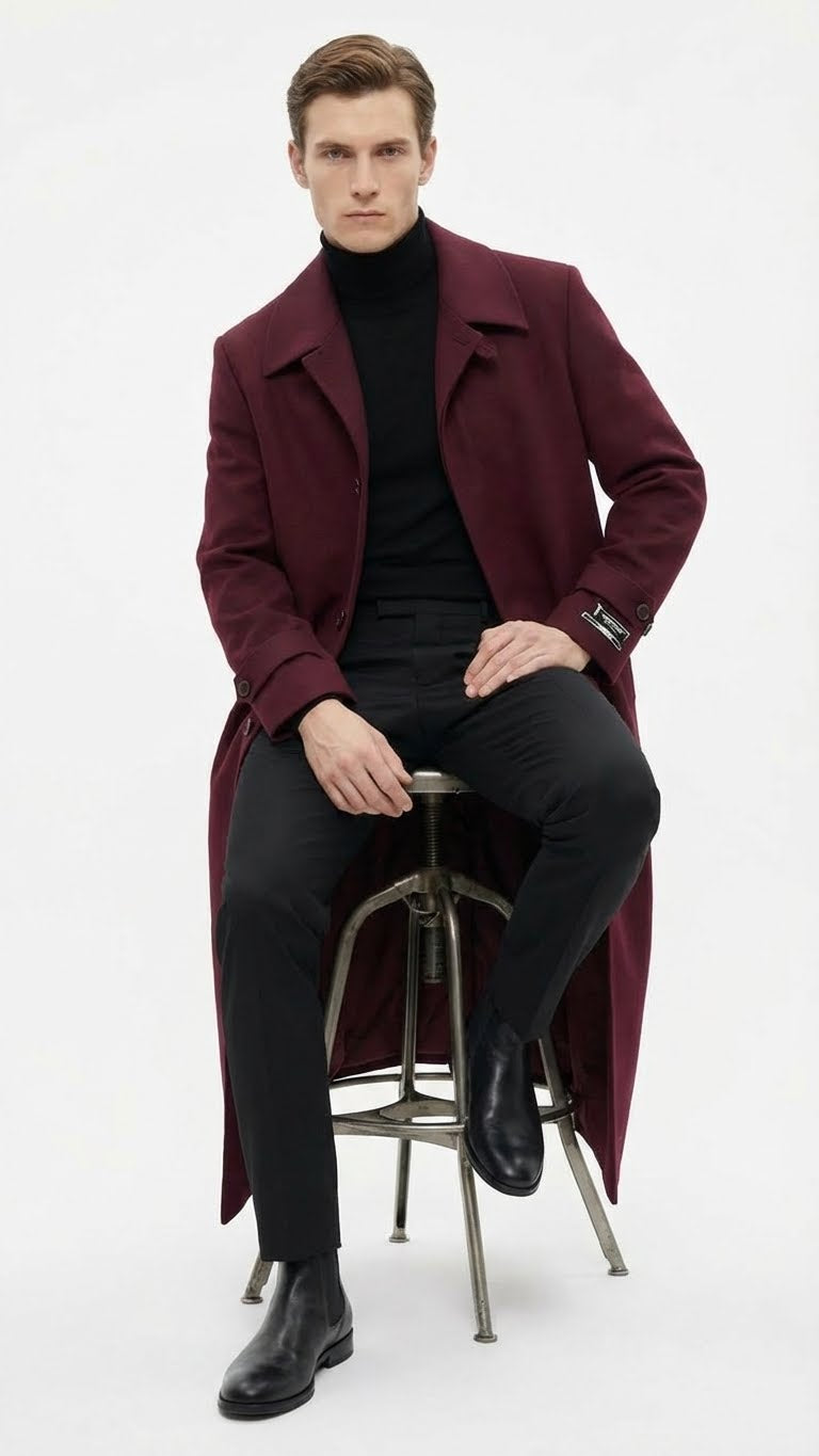Men’s Full-Length Burgundy Overcoat – Microfiber 4 season fabric Long Formal Coat with Classic Tailored Maxi Duster Coat