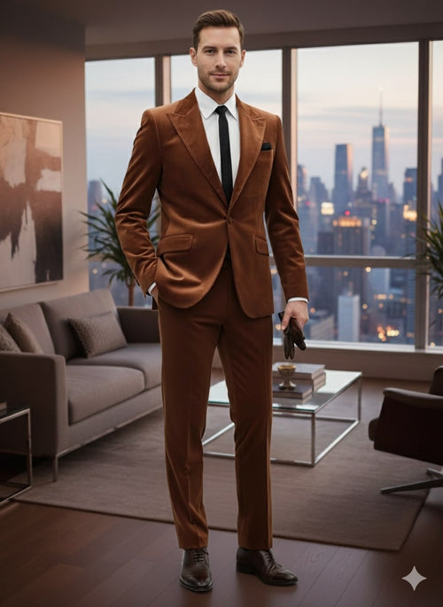 Men's rust copper velvet 2-piece suit. Slim fit blazer with notch lapel, single-button closure & two pockets. Matching slim-fit pants. Soft, textured fabric.