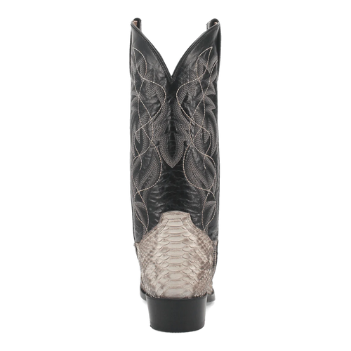 Dan Post Men's Manning boots: Tall shaft with V-shaped opening. Black leather upper with stitched details, contrasting natural python snakeskin lower. Sturdy, flat sole for secure fit.