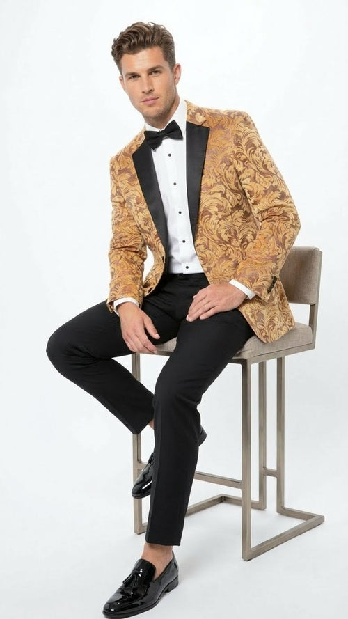 Alberto Nardoni men's tuxedo blazer. Yellow gold baroque pattern with black satin shawl collar. Tailored fit, structured shoulders, single-button closure. Paired with black trousers, ornate baroque style.