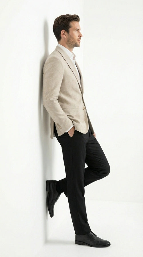 Zacchi Men’s Beige Hopsack Blazer – Classic Two Button Sport Coat with Peak Lapel Formal Jacket