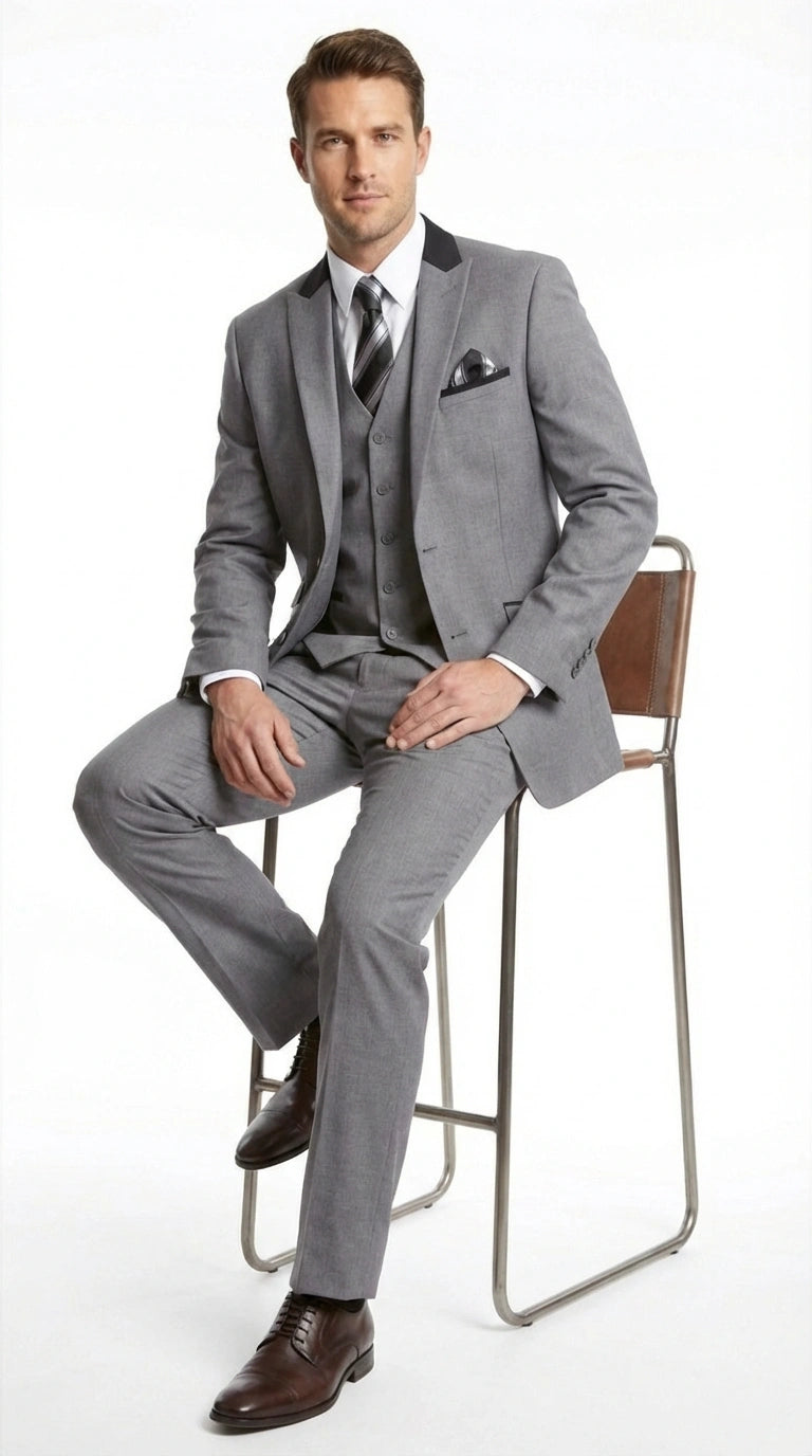 Men’s Light Gray Three Piece Suit with Black Chesterfield Collar – Classic Formal Wedding and Business Suit Set 1920s Vintage