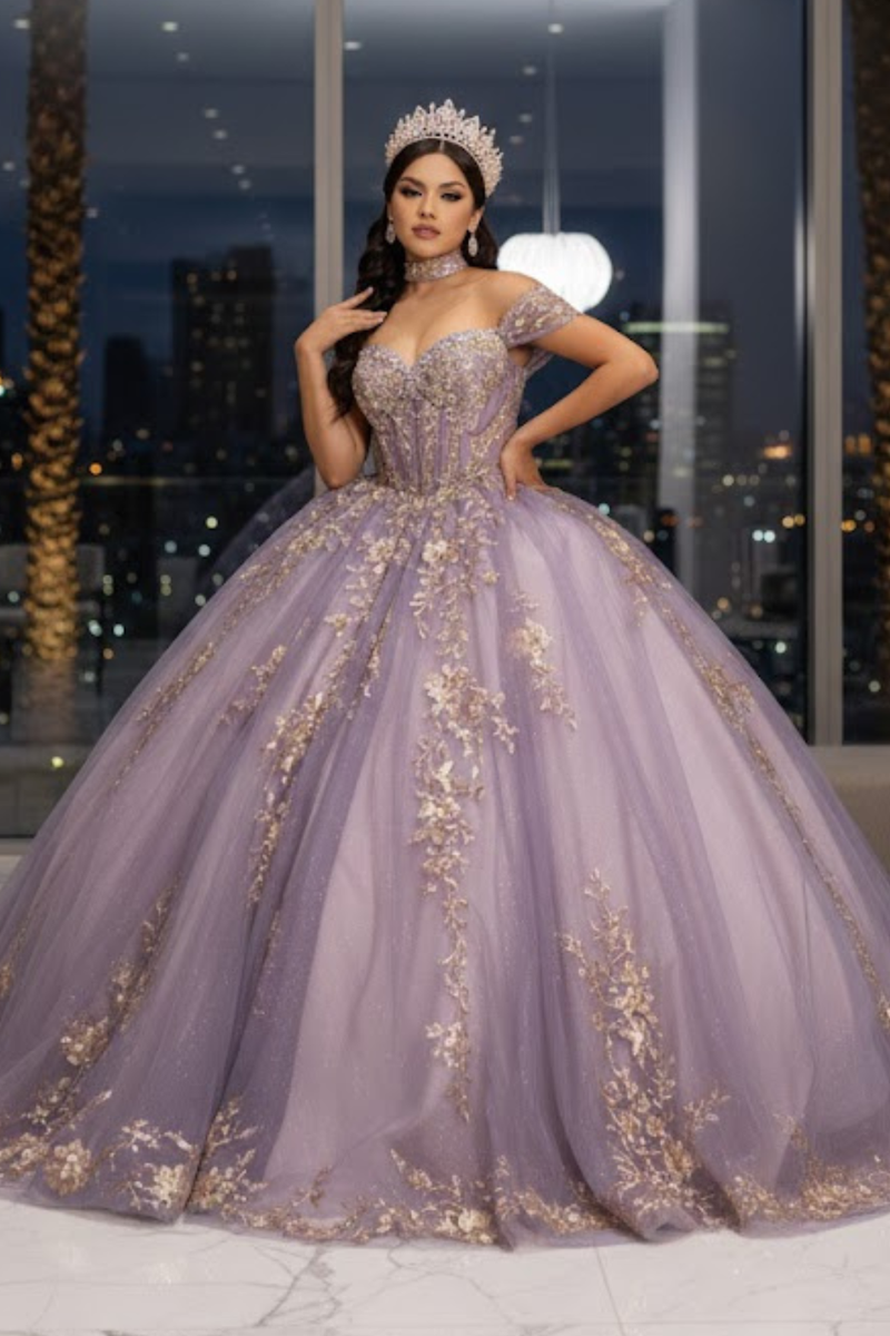 QuinceaƱera Ball Gown Off Shoulder Glitter Tulle Dress with 3D Floral AppliquƩs Long Train by Layla K LK292