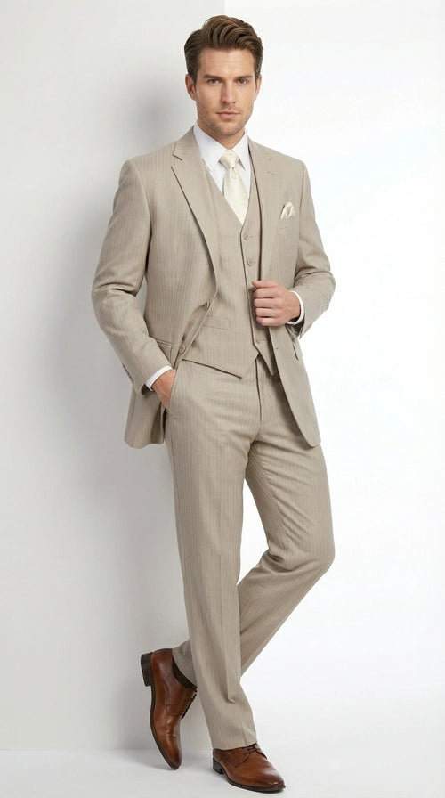 Men’s Tan Pinstripe Three Piece Suit – Classic Fit Pleated Pants Tan Sand Beige Wedding, Church Shadow Ton on Tone Business Suit for Men