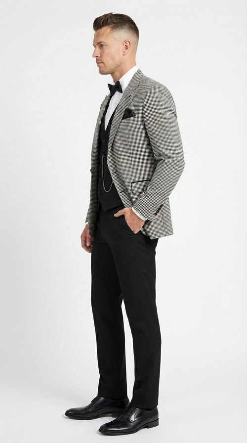 Men’s Black and White Houndstooth Gatsby Inspired Suit – Vintage Style Formal Suit for Wedding, Prom and Classic Events Blazer + Black vest + Black Pants