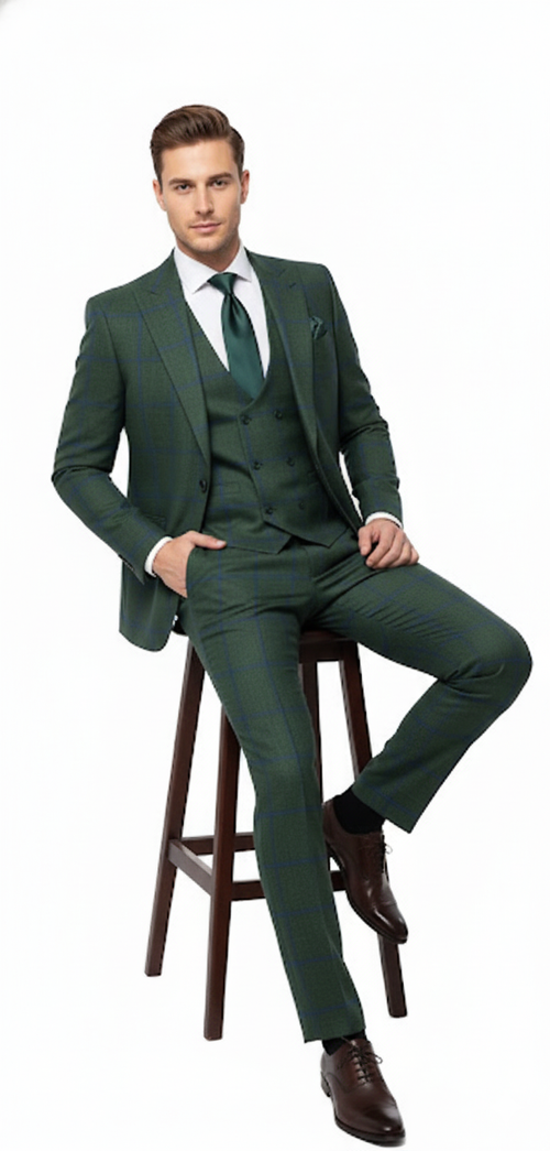 Men's slim-fit, 3-piece green plaid suit. Classic check pattern with single-breasted jacket, matching waistcoat & tailored trousers. Features notched lapels & green tie. Modern, tapered trousers.