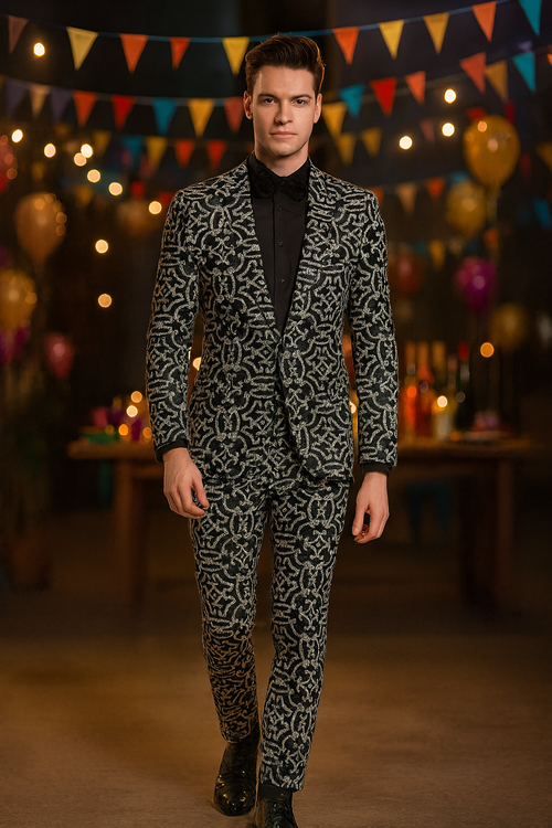 Alberto Nardoni men's sequin tuxedo: fitted black jacket with silver sequins & shawl collar. Matching tailored trousers. Sleek, dynamic design with smooth fabric texture.