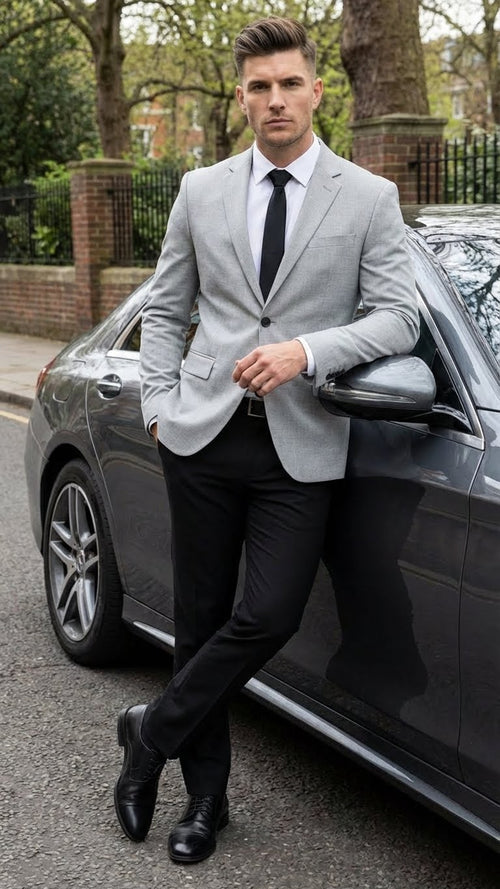 Light grey slim-fit blazer with peaked lapels, paired with black pants. Single-breasted design, lightweight fabric. Includes black tie and shoes. Smooth texture, no visible patterns, two front pockets.