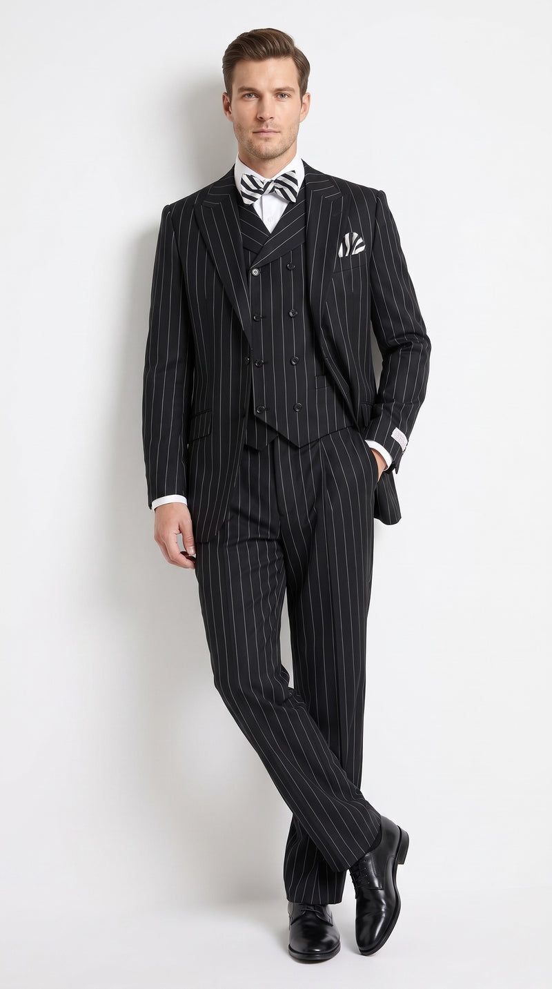 Men’s Black Pinstripe 3-Piece Suit Wool Suit – Classic Fit Single Button Suit with Wide Leg Pleated Pants By Tiglio Russo