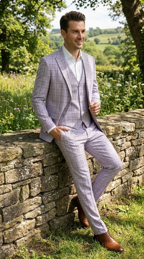 Men’s Lilac Lavender Windowpane Check 3 Piece Suit – Lilac Plaid Formal Suit with Vest for Wedding, Prom and Business Events