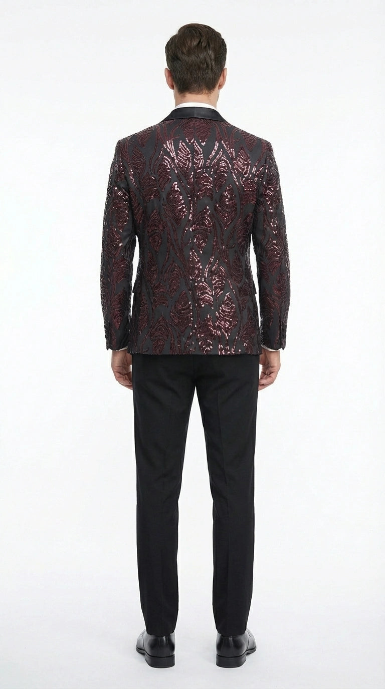 Men’s Black and Burgundy Sequin Blazer – Black Sparkle Sequin Party Blazer with Burgundy Pattern for Prom, Wedding Slim Fitted