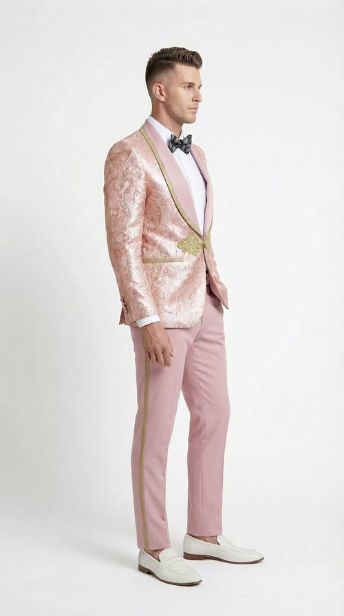 Men’s Rose Gold Pink Prom Tuxedo Suit – Slim Fit Paisley Pattern Formal Tuxedo Suit for Prom, Wedding and Special Events