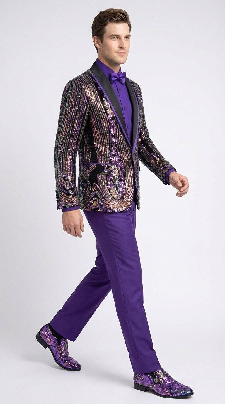 Mens Mardi Gra Black and Purple and Gold Sequin Tuxedo Jacket Set – Designer with Floral Pattern Jacket Formal Wedding Party Wear Bowtie