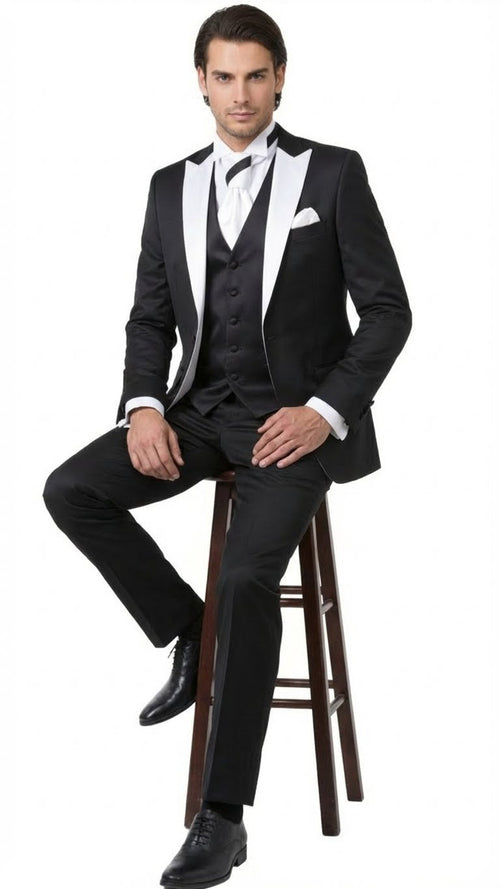 Men’s Black and White Lapel Prom Tuxedo Suit + Black Vest + Black Pants Peak Lapel
