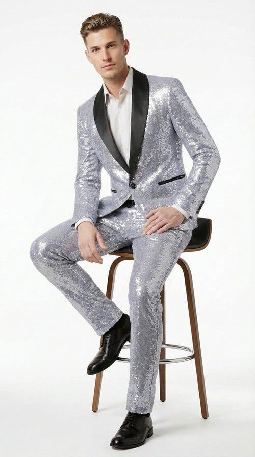 Mens Silver Grey Sequin Tuxedo Suit – Shiny Wedding Suit Set with Black Lapel for Prom, Party, Gala and Formal Evening Wear