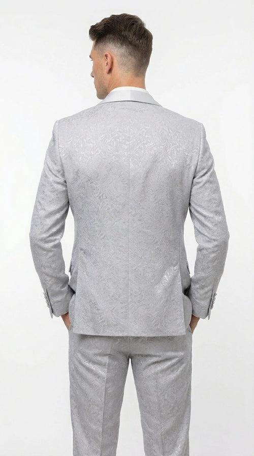 Mens Light Silver Wedding Tuxedo Suit – Paisley Fabric Three Piece Formal Suit Set with Shawl Lapel for Groom, Prom, Gala and ice Grey