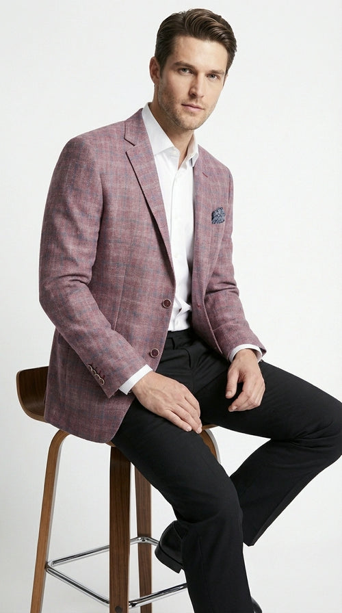 Mens Dusty Rose Mauve Pink with Tint of Blue Plaid Sport Coat Blazer ā Classic Check Pattern Casual Blazer Jacket for Business Casual, Wedding