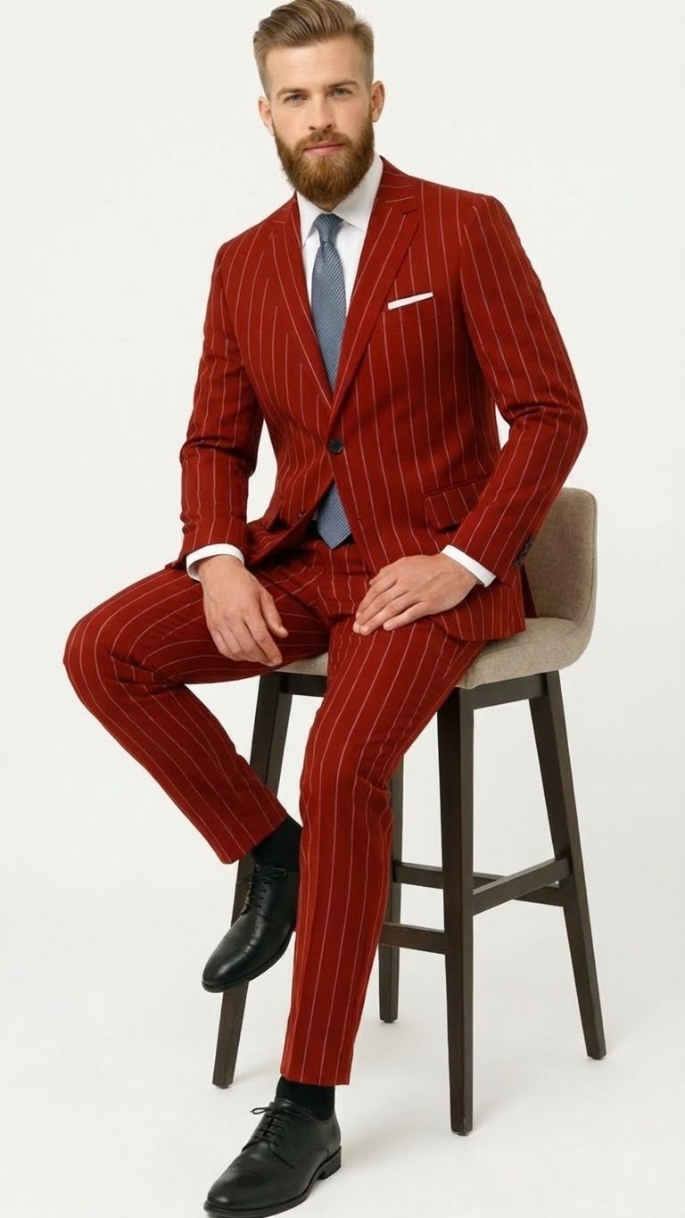 Men's red pinstripe suit with a two-button jacket and vest. Crafted from smooth fabric, it offers a structured fit. Vertical white pinstripes add visual interest to the design.