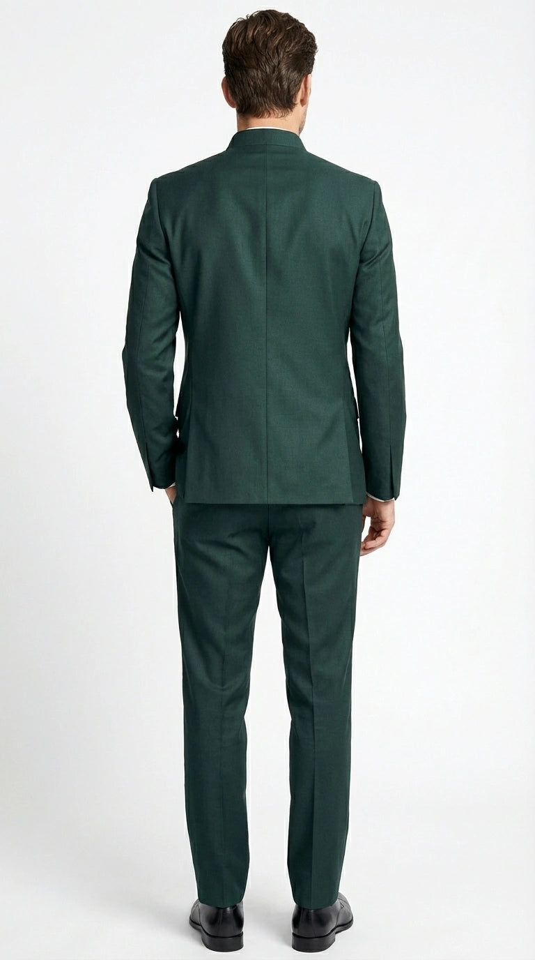 Men’s Olive Green Tuxedo Mandarin Collar Suit – Modern Nehru Style Formal Suit for Wedding Banded Collar