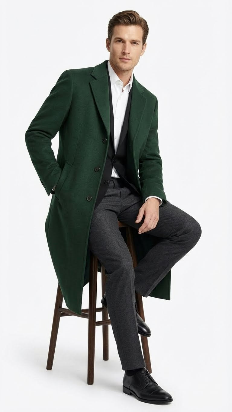 Alberto Nardoni men's hunter green wool overcoat. Tailored, straight cut, structured shoulders. Single-breasted, three buttons. Textured wool. Two front pockets. Mid-calf length. Formal style.