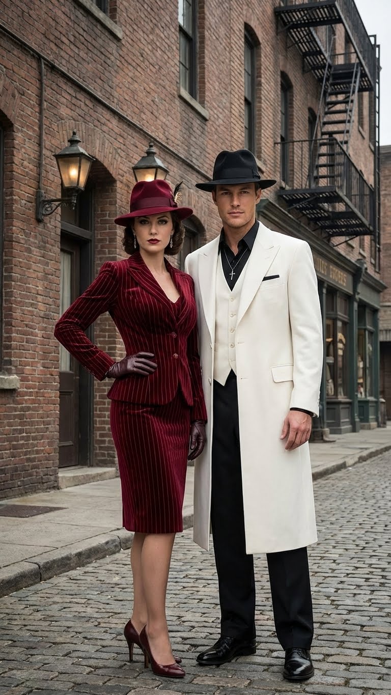 Mens White Long Zoot Suit Costume Set with Black Pants - Wedding, Prom and Party Outfit 1920s - 1930s Gangster Style