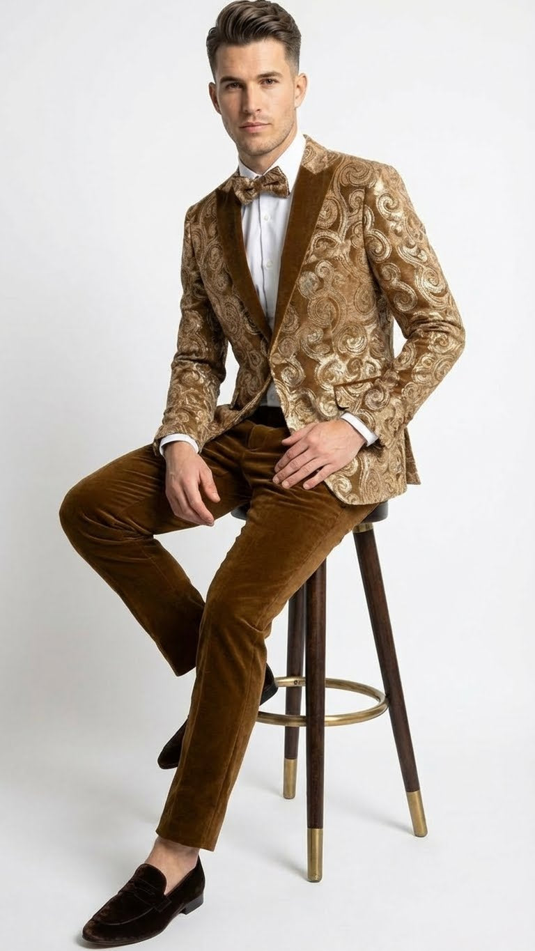 Men's light brown tuxedo jacket with embroidered swirls, velvet-like fabric, and single-button closure. Paired with matching trousers and white dress shirt.
