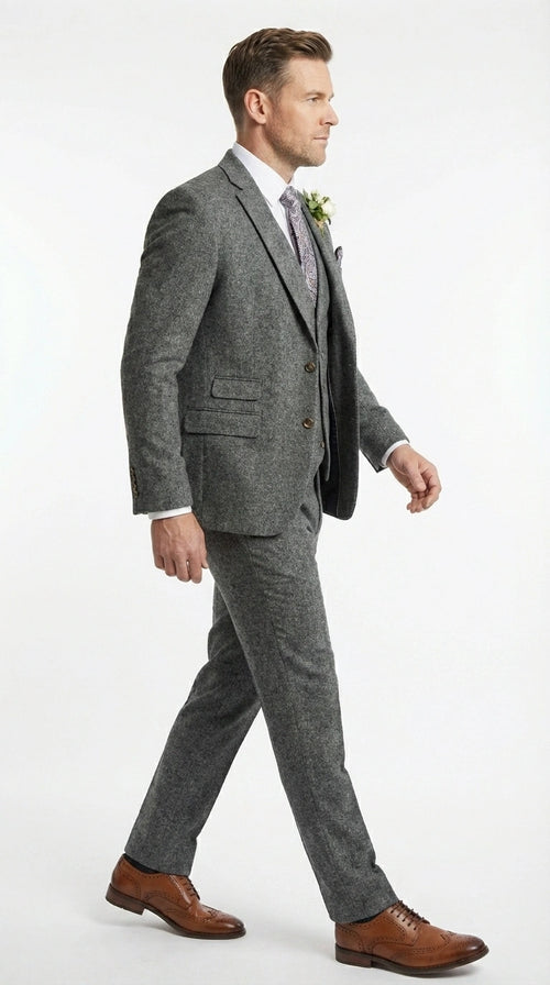 Men’s Peaky Blinder Light Grey Tweed Suit with Vest – Classic Three Piece Formal Suit, Vintage Wedding Business Outfit
