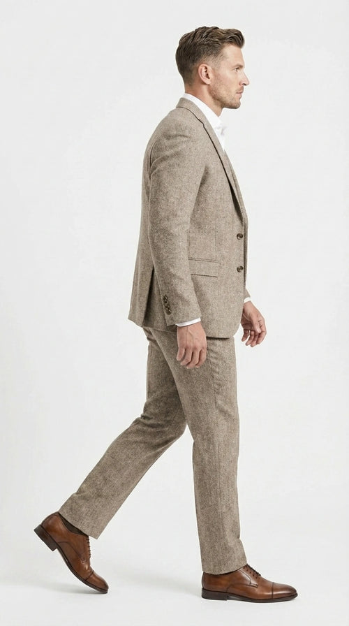 Men’s Light Beige Herringbone Tweed Suit with Vest – Classic Three Piece Formal Suit, Vintage Business Wedding Outfit, Elegant Smart Casual Attire