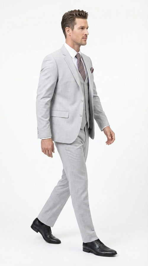 Men’s Light Grey Sharkskin 3 Piece Suit – Two Button Vested Modern Formal Business Suit for Wedding in silver Ice Gray