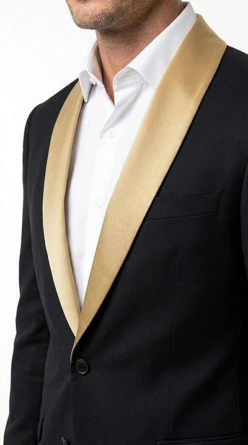 Men’s Black Suit with Gold Lapel – Luxury Formal Tuxedo Style Suit for Wedding, Prom, Party and Evening Wear
