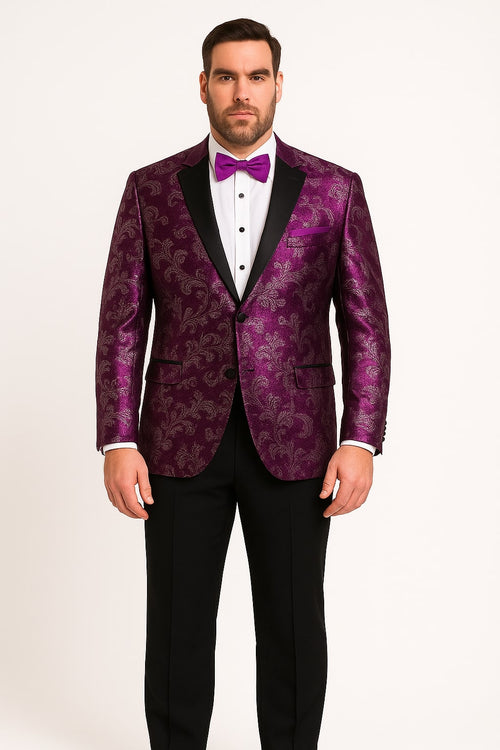 Men's Purple and White Twotoned Paisley Tuxedo Jacket with Black Satin Lapel – Formal Prom and Wedding Blazer