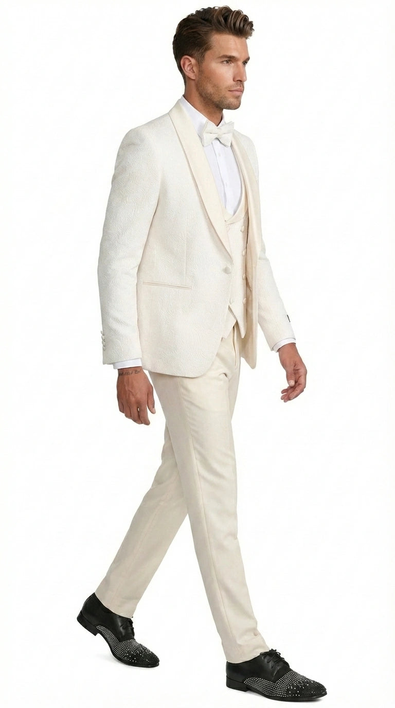Men’s Ivory Paisley Tuxedo Suit 3 Piece – One Button Vested Satin Formal Suit for Wedding in Off white Cream Color