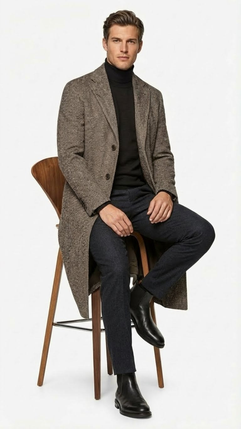 Men's black & grey herringbone tweed overcoat. Wool blend, long structured silhouette. Buttoned front, notched lapels. Classic herringbone pattern, tailored for comfortable shoulder fit.