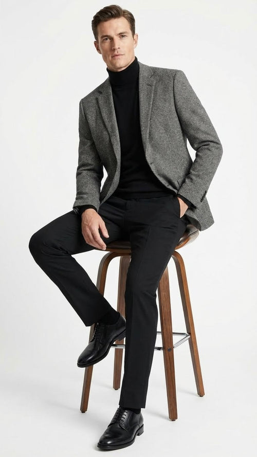 Grey tweed herringbone sport coat. Notched lapel, single-breasted, long sleeves with button cuffs. Textured grey herringbone pattern, fitted silhouette. Worn with a black turtleneck.