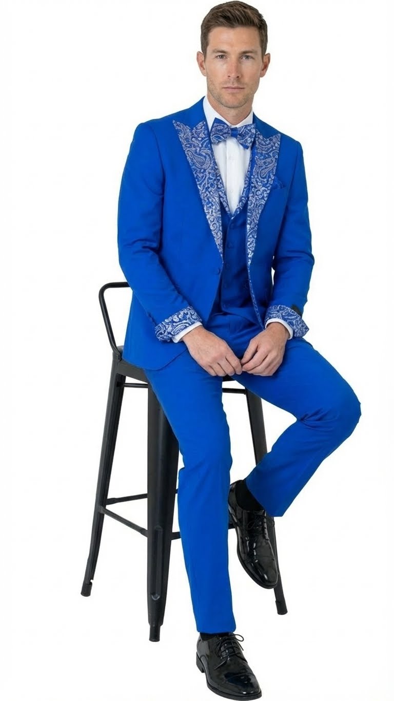 Royal blue tuxedo suit with white lapel/cuff embellishments. Fitted silhouette, glossy fabric. Includes matching vest/trousers, white shirt, and blue bow tie.
