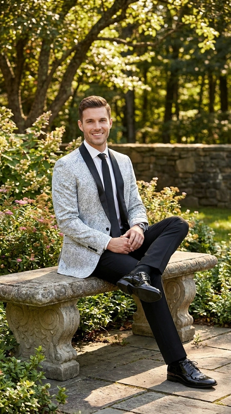 Men’s Silver and Black Floral Blazer – Elegant Formal Tuxedo Style Blazer Jacket for Wedding, Party, Prom and Evening Wear