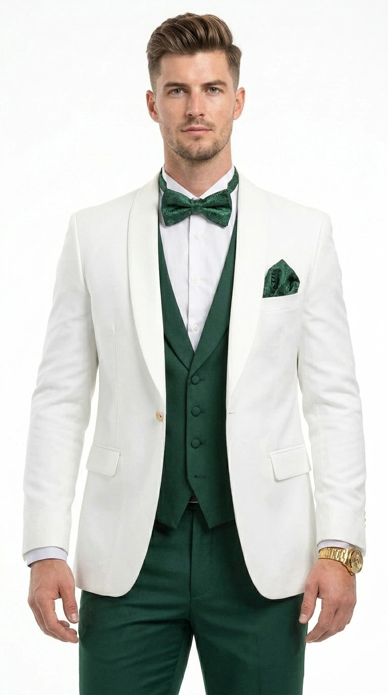 Men’s White and Hunter Green 3 Piece Suit – Elegant Formal Suit with Vest, Wedding Tuxedo Suit for Prom and Party Wear