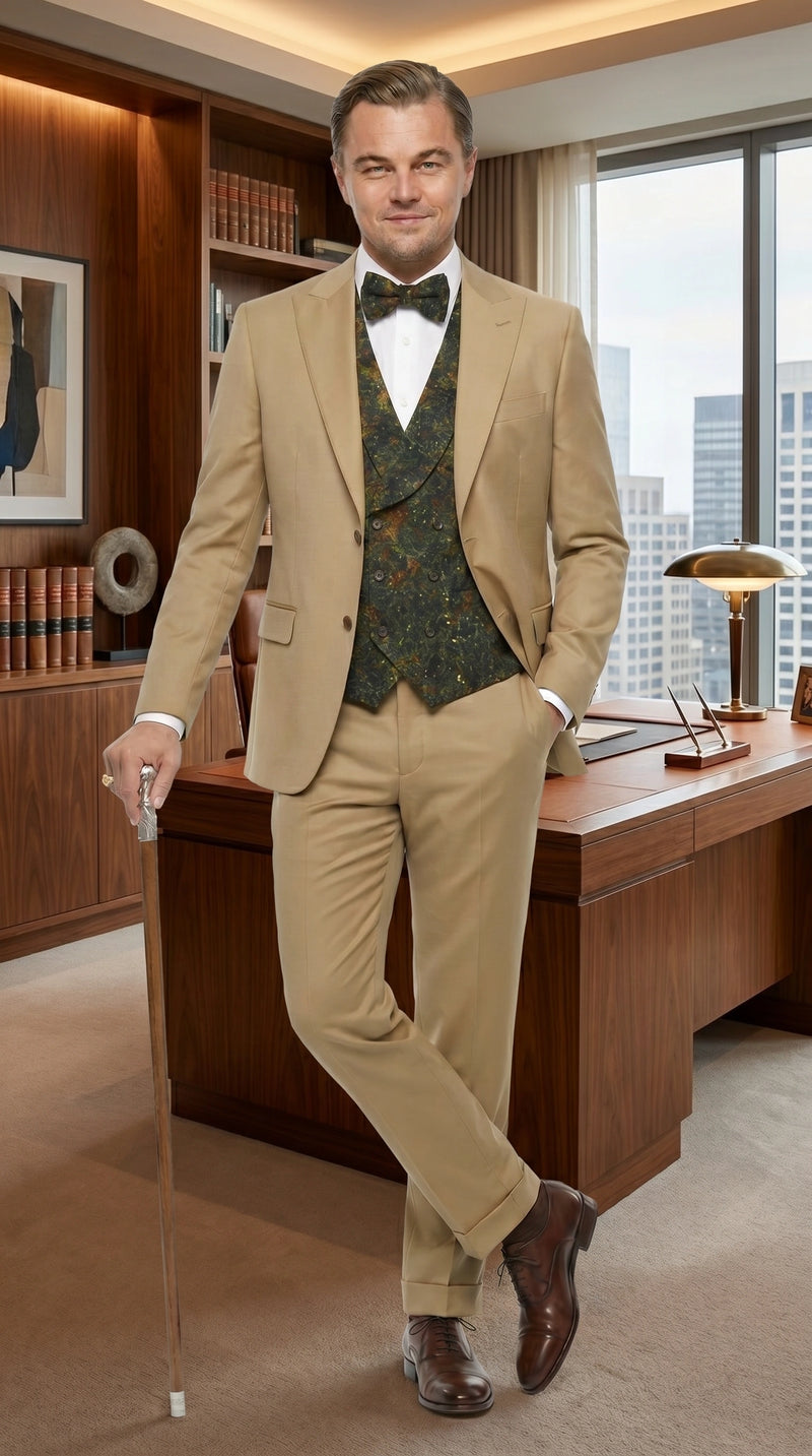Men’s Khaki 3 Piece Suit with Patterned Vest, Great Gatsby Inspired Formal Suit for Weddings, Mardi Gra in Tan Camel Color