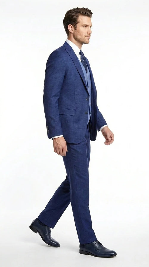 Vitalli Men’s Navy Blue 3 Piece Suit with Light Blue Vest, Textured Formal Dress Suit for Weddings, Prom, Business Events, and Parties