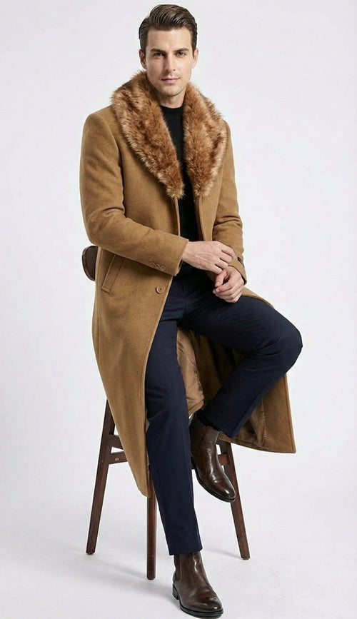 Men's Camel Brown Long Overcoat with Faux Fur Collar, Classic Winter Topcoat for Formal and Business Wear