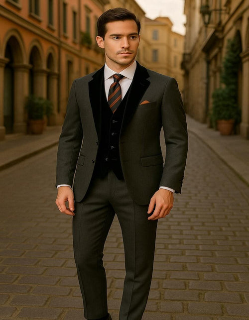 Men's Charcoal Gray 3-Piece Suit with Black Velvet Lapel Ć¢ā¬ā Formal Business and Wedding Attire - Gray Tuxedo